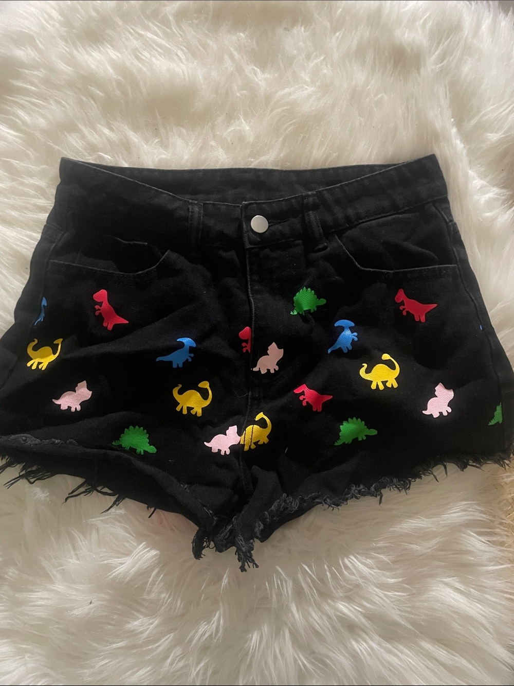 SHEIN Black High-Waist Denim Shorts with Colorful Dinosaur Motifs